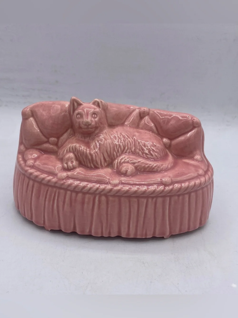 Vintage McCoy Pottery Pink Ceramic Cat Lounging On Couch Planter